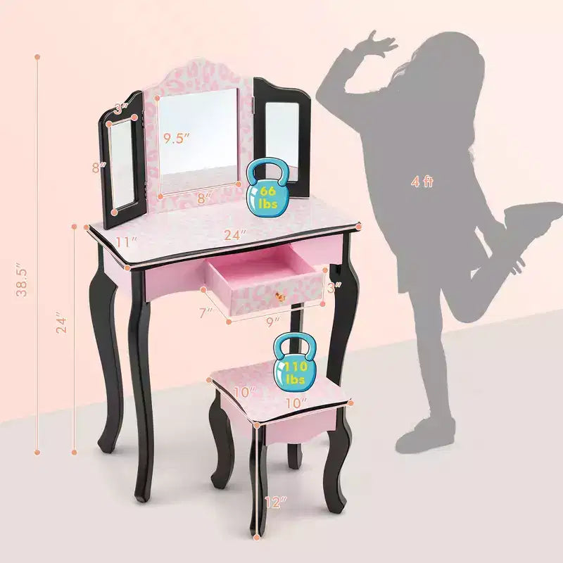 Costway Coiffeuse pour enfant avec tabouret, miroir triptyque et imprimé léopard rose