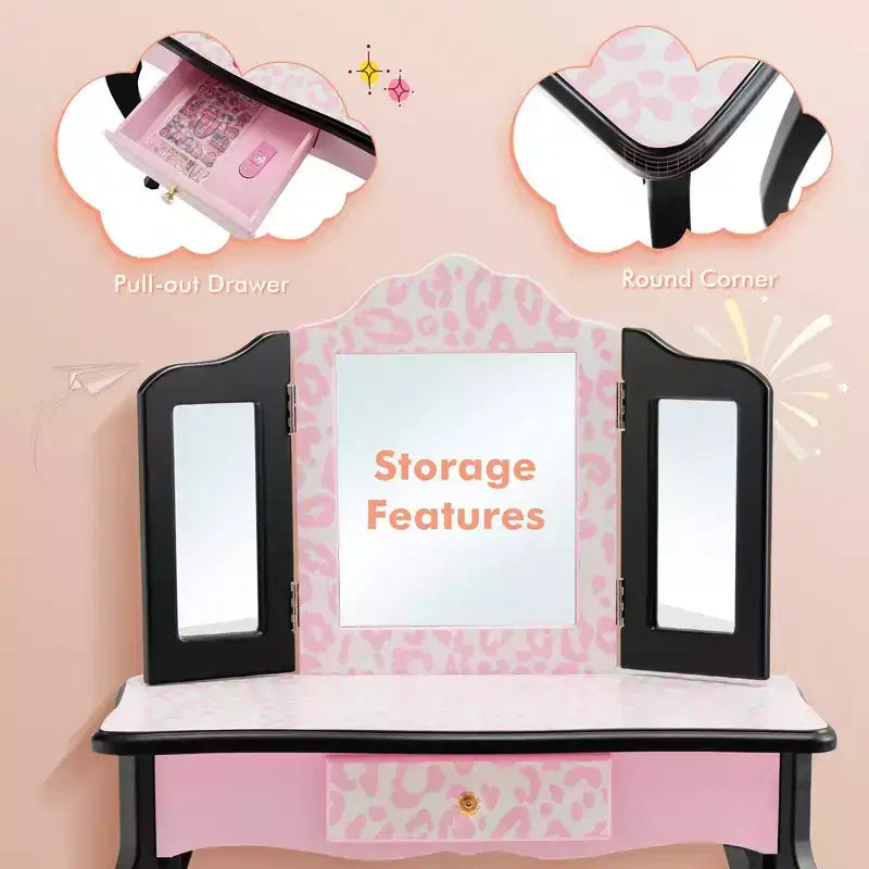 Costway Coiffeuse pour enfant avec tabouret, miroir triptyque et imprimé léopard rose