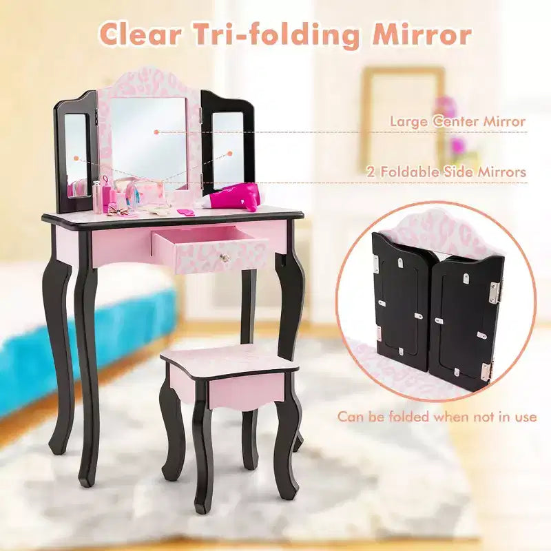 Costway Coiffeuse pour enfant avec tabouret, miroir triptyque et imprimé léopard rose