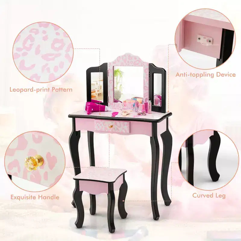 Costway Coiffeuse pour enfant avec tabouret, miroir triptyque et imprimé léopard rose