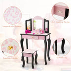 Costway Coiffeuse pour enfant avec tabouret, miroir triptyque et imprimé léopard rose