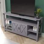 Meuble console média Emma et Oliver de style rustique moderne avec un grand espace de rangement ouvert et fermé