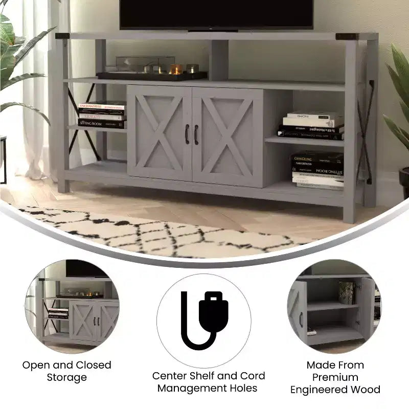 Meuble console média Emma et Oliver de style rustique moderne avec un grand espace de rangement ouvert et fermé