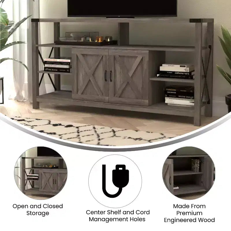 Meuble console média Emma et Oliver de style rustique moderne avec un grand espace de rangement ouvert et fermé