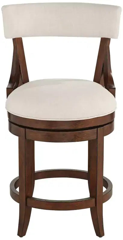 Tabouret de bar 55 Downing Street en noyer, brun, 61 cm de haut, style ferme rustique, coussin en lin beige avec dossier et repose-pieds pour comptoir de cuisine, îlot de cuisine, maison.