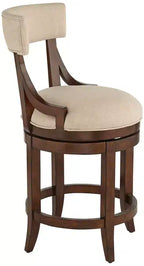 Tabouret de bar 55 Downing Street en noyer, brun, 61 cm de haut, style ferme rustique, coussin en lin beige avec dossier et repose-pieds pour comptoir de cuisine, îlot de cuisine, maison.