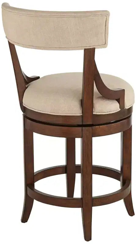 Tabouret de bar 55 Downing Street en noyer, brun, 61 cm de haut, style ferme rustique, coussin en lin beige avec dossier et repose-pieds pour comptoir de cuisine, îlot de cuisine, maison.