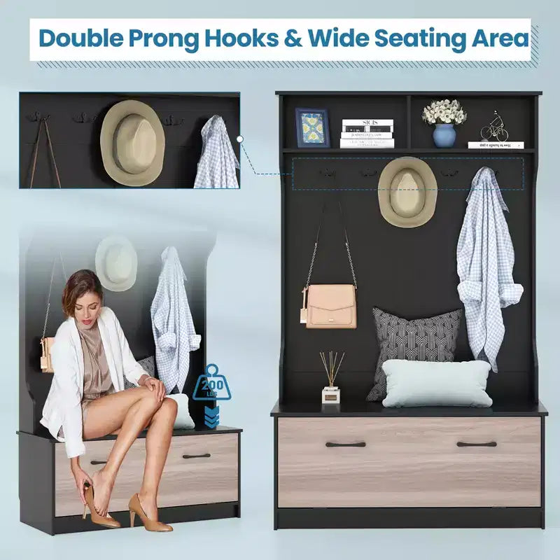 Portemanteau d'entrée Costway 63 pouces avec banc de rangement et portemanteau multifonctionnel Noir/Blanc