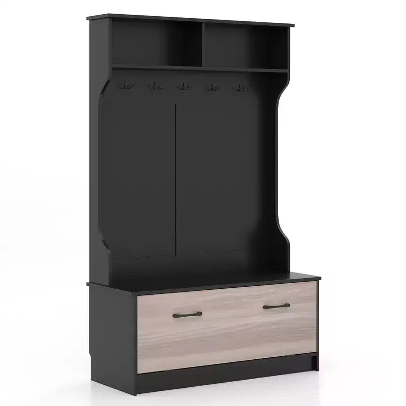 Portemanteau d'entrée Costway 63 pouces avec banc de rangement et portemanteau multifonctionnel Noir/Blanc