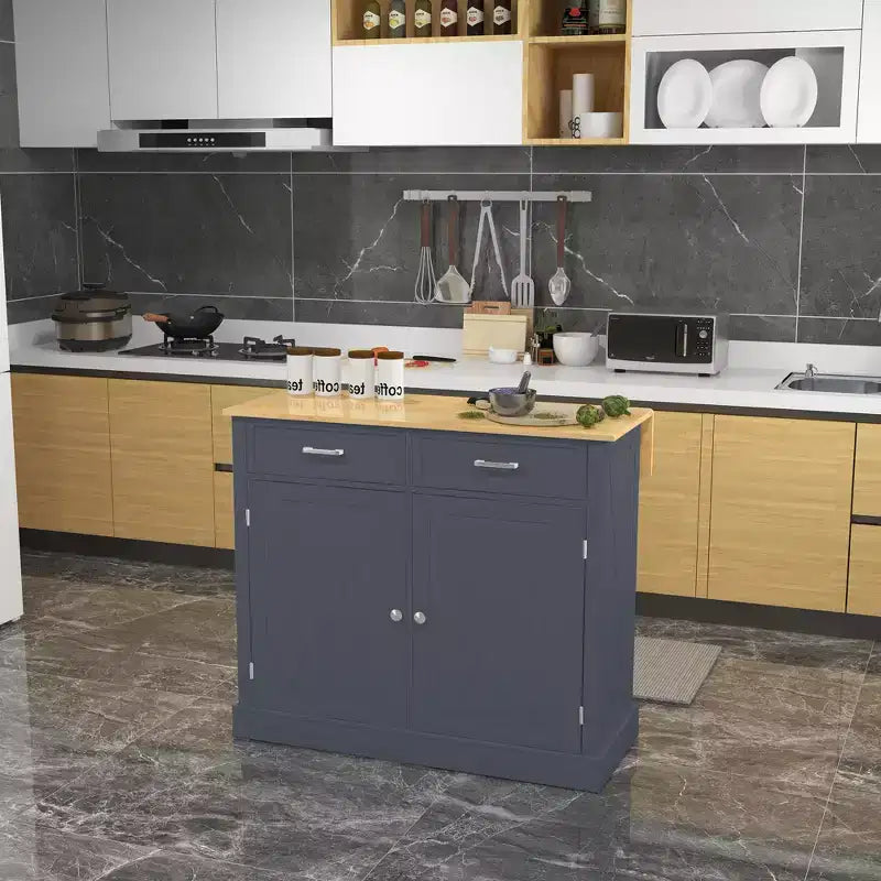 HOMCOM Îlot de cuisine roulant avec bar à déjeuner en bois à abattant, chariot de cuisine de style ferme avec 2 tiroirs, étagères réglables pour salle à manger