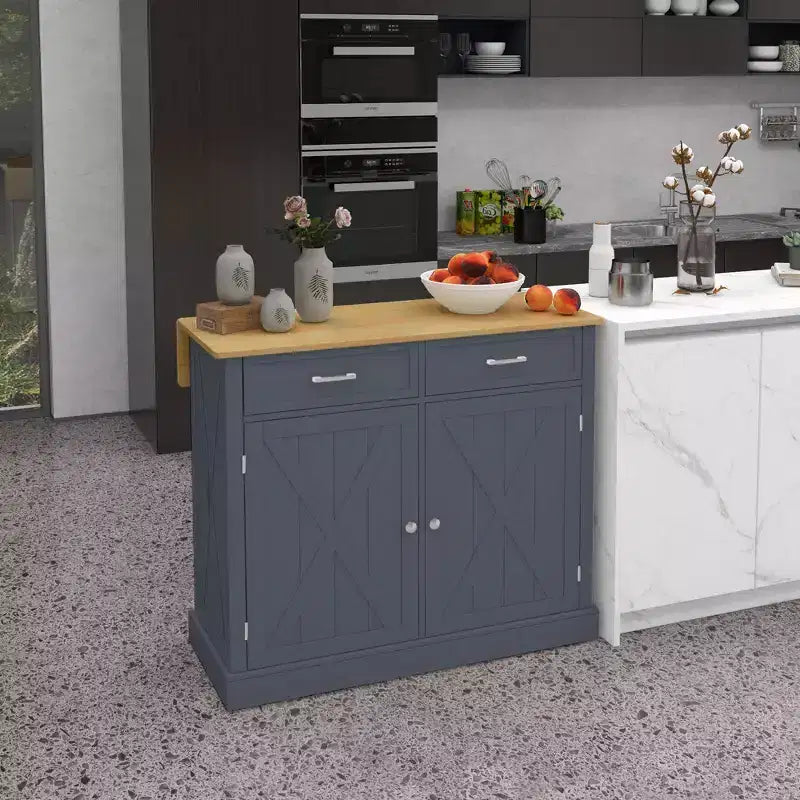 HOMCOM Îlot de cuisine roulant avec bar à déjeuner en bois à abattant, chariot de cuisine de style ferme avec 2 tiroirs, étagères réglables pour salle à manger