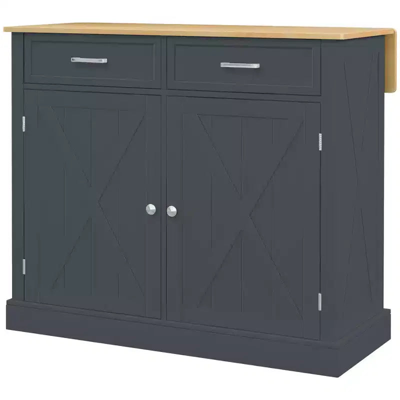 HOMCOM Îlot de cuisine roulant avec bar à déjeuner en bois à abattant, chariot de cuisine de style ferme avec 2 tiroirs, étagères réglables pour salle à manger