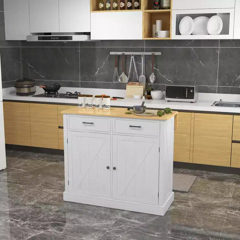 HOMCOM Îlot de cuisine roulant avec bar à déjeuner en bois à abattant, chariot de cuisine de style ferme avec 2 tiroirs, étagères réglables pour salle à manger