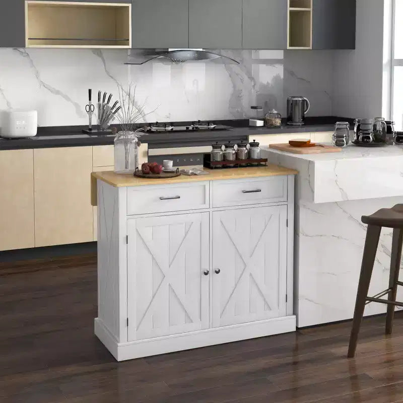 HOMCOM Îlot de cuisine roulant avec bar à déjeuner en bois à abattant, chariot de cuisine de style ferme avec 2 tiroirs, étagères réglables pour salle à manger