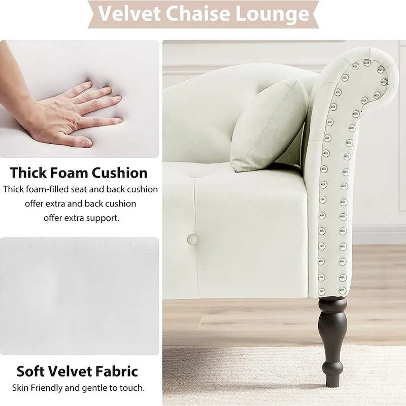 Chaise longue en velours 61 po avec 1 oreiller et garniture cloutée