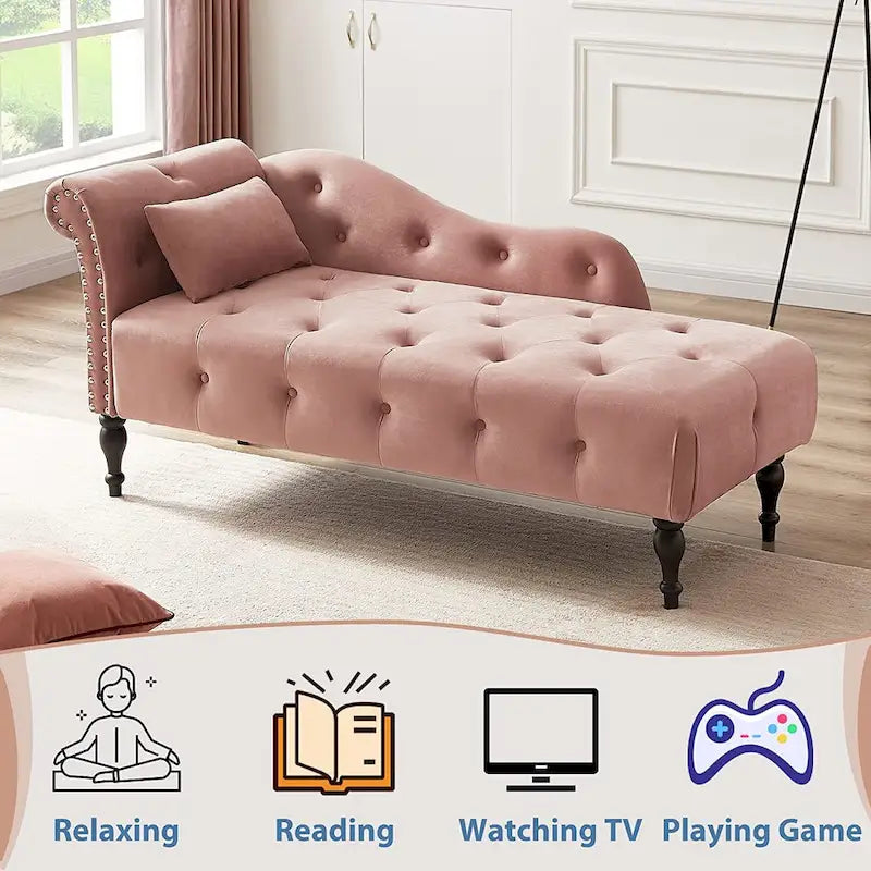 Chaise longue en velours 61 po avec 1 oreiller et garniture cloutée