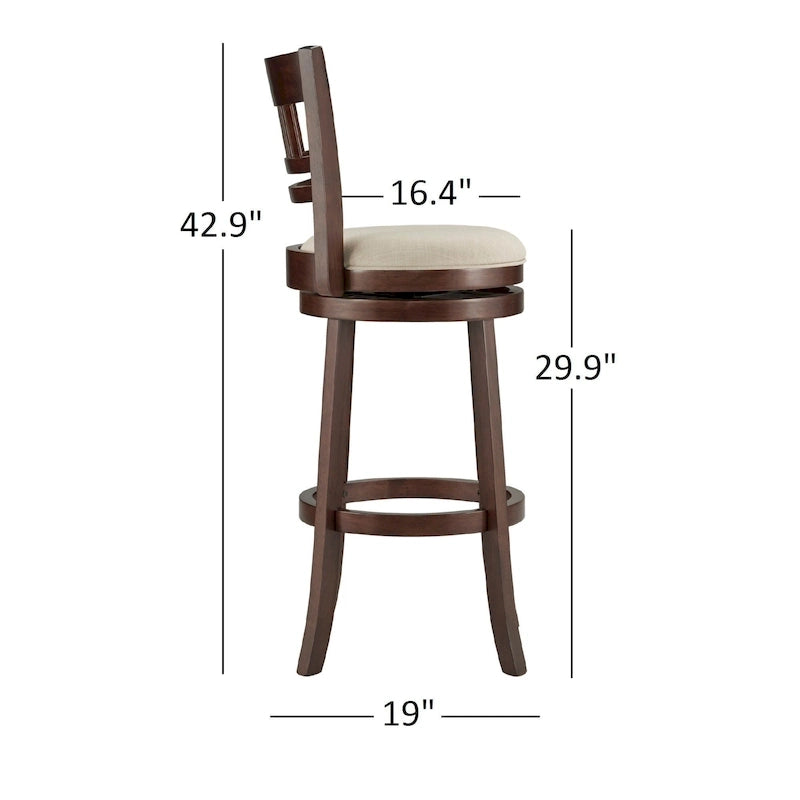 Tabouret de bar pivotant à dossier haut de 29 pouces, revêtement marron, rotation à 360°, hauteur de bar