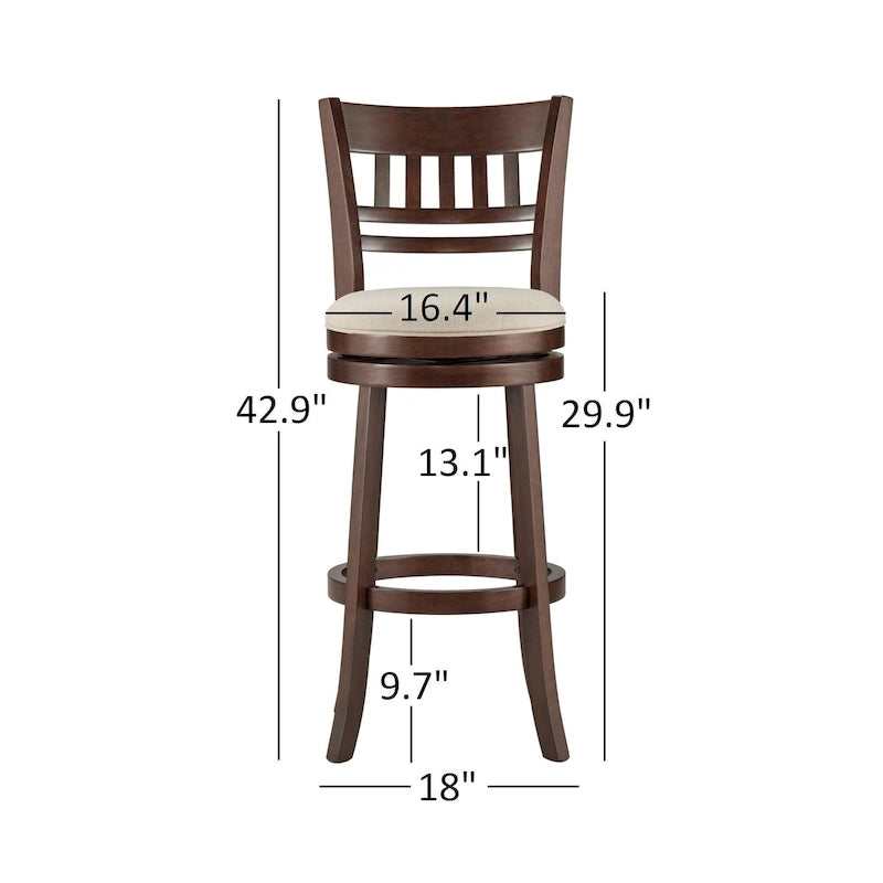 Tabouret de bar pivotant à dossier haut de 29 pouces, revêtement marron, rotation à 360°, hauteur de bar