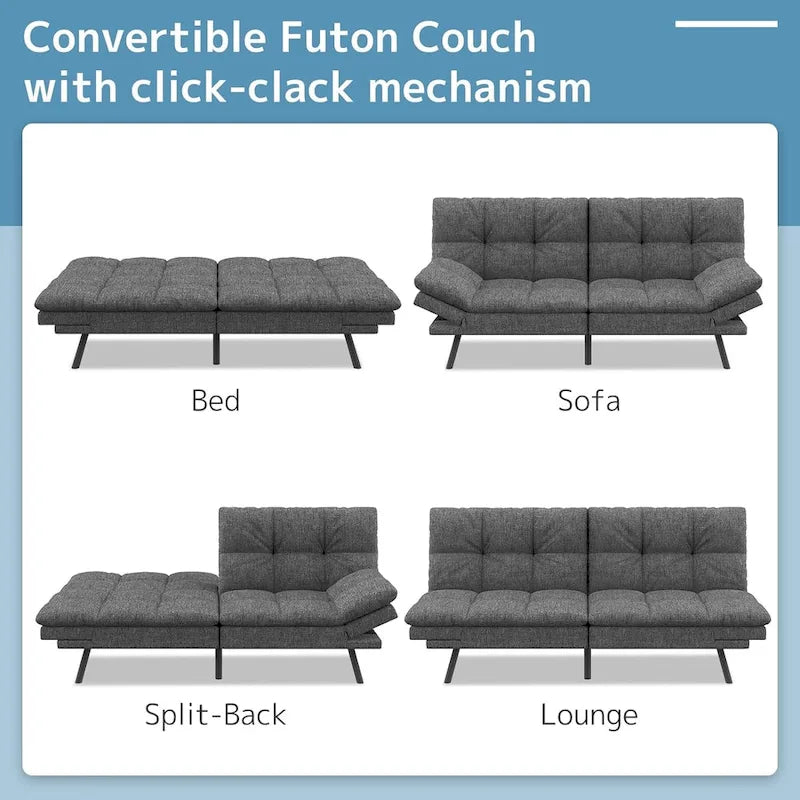 Canapé-lit futon, canapé convertible pliable en mousse à mémoire de forme avec accoudoirs réglables pour petits espaces