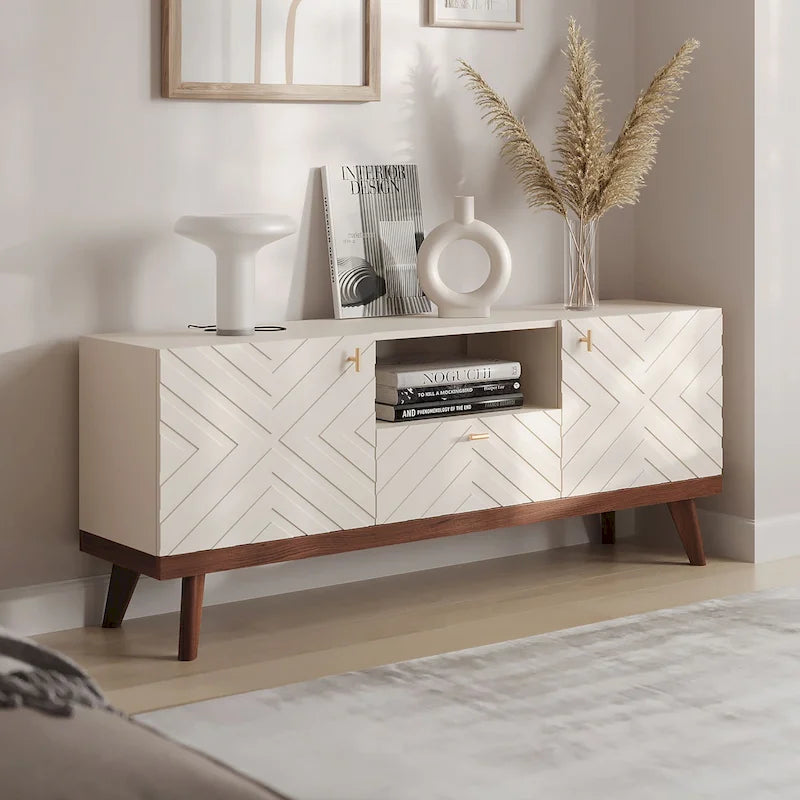 Meuble TV console beige, convient aux téléviseurs jusqu'à 65 pouces, 1 tiroir + 3 portes d'armoire, style Mid-Century
