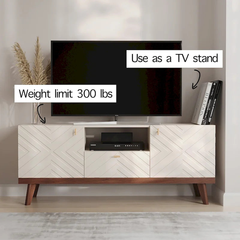 Meuble TV console beige, convient aux téléviseurs jusqu'à 65 pouces, 1 tiroir + 3 portes d'armoire, style Mid-Century