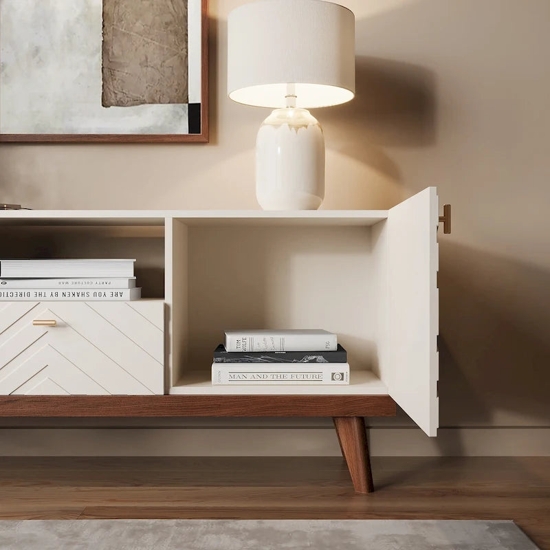Meuble TV console beige, convient aux téléviseurs jusqu'à 65 pouces, 1 tiroir + 3 portes d'armoire, style Mid-Century