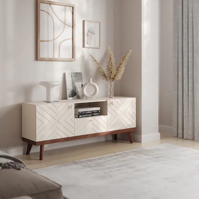 Meuble TV console beige, convient aux téléviseurs jusqu'à 65 pouces, 1 tiroir + 3 portes d'armoire, style Mid-Century