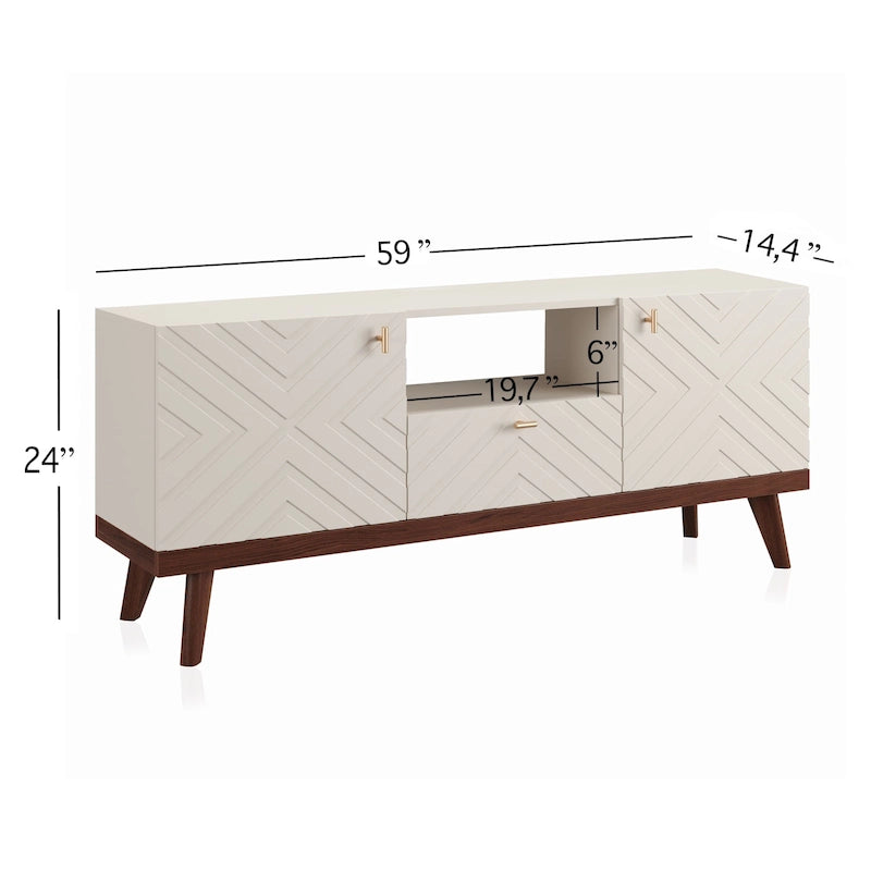 Meuble TV console beige, convient aux téléviseurs jusqu'à 65 pouces, 1 tiroir + 3 portes d'armoire, style Mid-Century