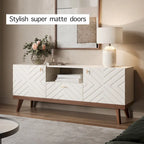 Meuble TV console beige, convient aux téléviseurs jusqu'à 65 pouces, 1 tiroir + 3 portes d'armoire, style Mid-Century