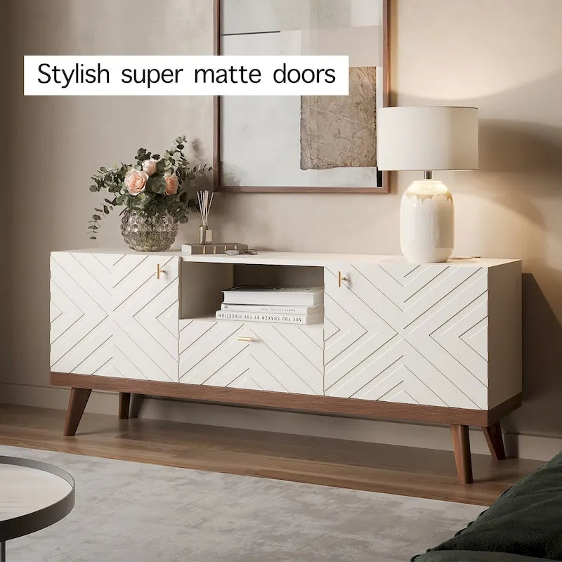 Meuble TV console beige, convient aux téléviseurs jusqu'à 65 pouces, 1 tiroir + 3 portes d'armoire, style Mid-Century