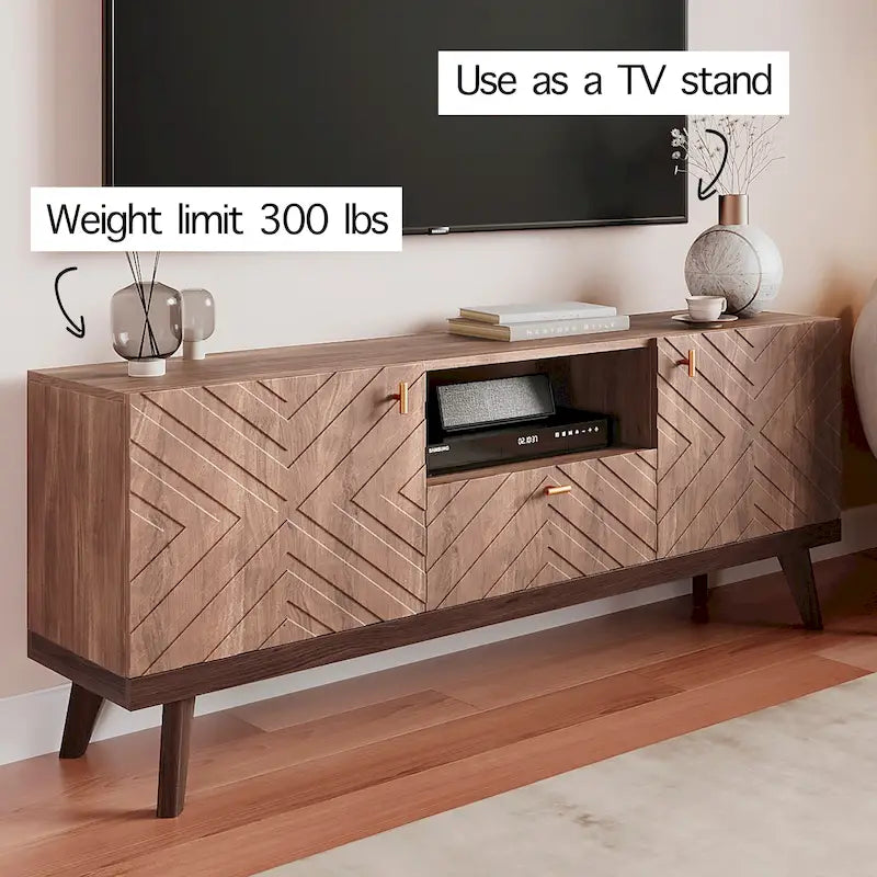Meuble TV console beige, convient aux téléviseurs jusqu'à 65 pouces, 1 tiroir + 3 portes d'armoire, style Mid-Century