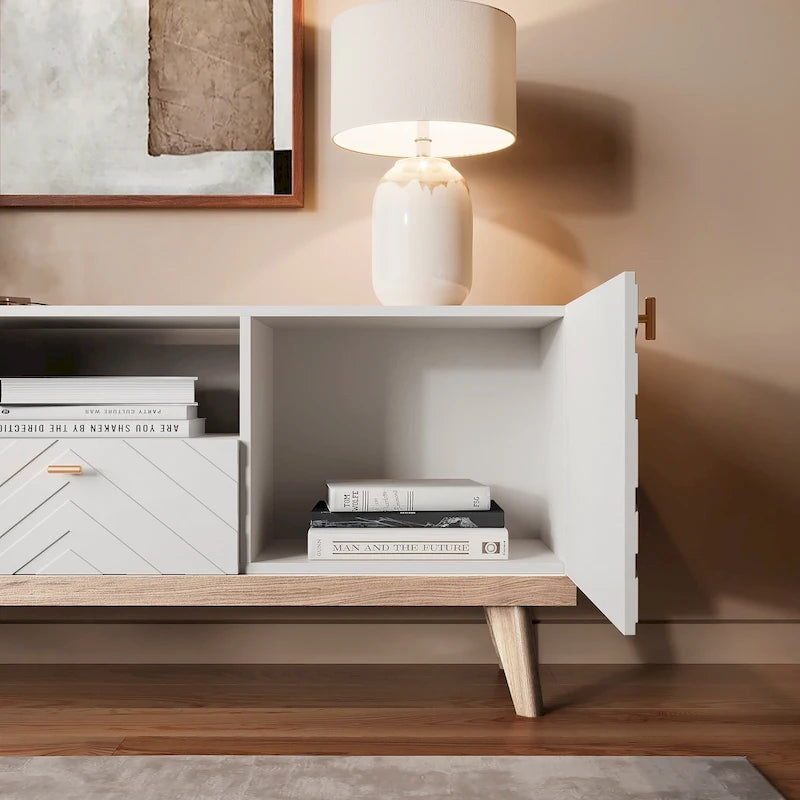 Meuble TV console beige, convient aux téléviseurs jusqu'à 65 pouces, 1 tiroir + 3 portes d'armoire, style Mid-Century