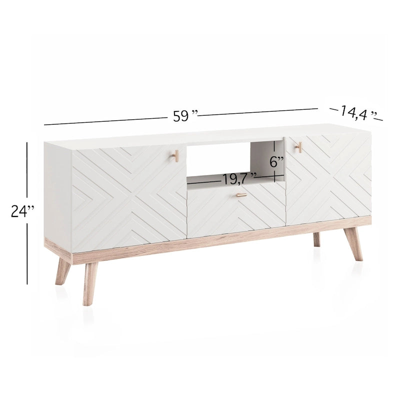 Meuble TV console beige, convient aux téléviseurs jusqu'à 65 pouces, 1 tiroir + 3 portes d'armoire, style Mid-Century