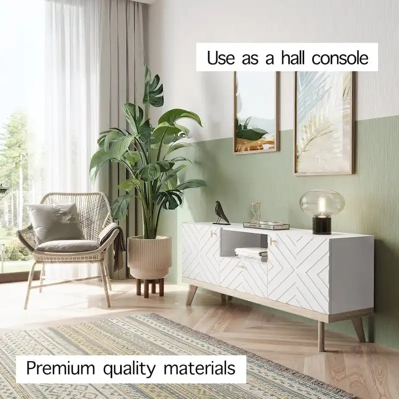 Meuble TV console beige, convient aux téléviseurs jusqu'à 65 pouces, 1 tiroir + 3 portes d'armoire, style Mid-Century