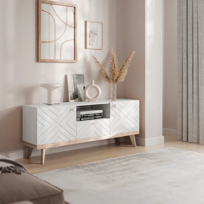 Meuble TV console beige, convient aux téléviseurs jusqu'à 65 pouces, 1 tiroir + 3 portes d'armoire, style Mid-Century