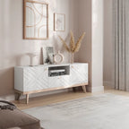 Meuble TV console beige, convient aux téléviseurs jusqu'à 65 pouces, 1 tiroir + 3 portes d'armoire, style Mid-Century
