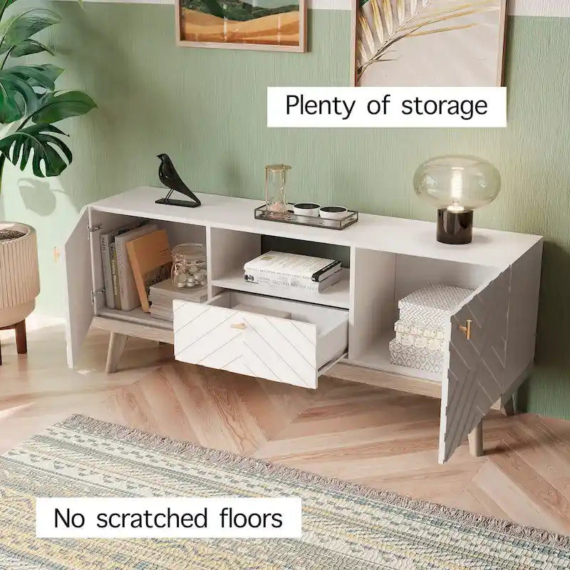 Meuble TV console beige, convient aux téléviseurs jusqu'à 65 pouces, 1 tiroir + 3 portes d'armoire, style Mid-Century