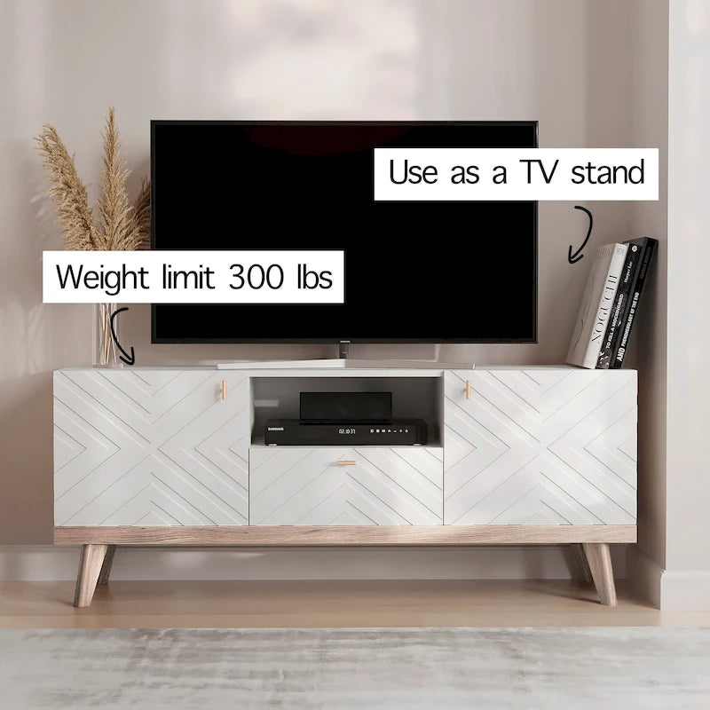 Meuble TV console beige, convient aux téléviseurs jusqu'à 65 pouces, 1 tiroir + 3 portes d'armoire, style Mid-Century