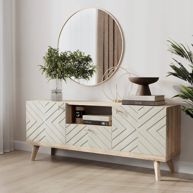 Meuble TV console beige, convient aux téléviseurs jusqu'à 65 pouces, 1 tiroir + 3 portes d'armoire, style Mid-Century