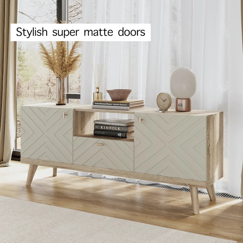 Meuble TV console beige, convient aux téléviseurs jusqu'à 65 pouces, 1 tiroir + 3 portes d'armoire, style Mid-Century