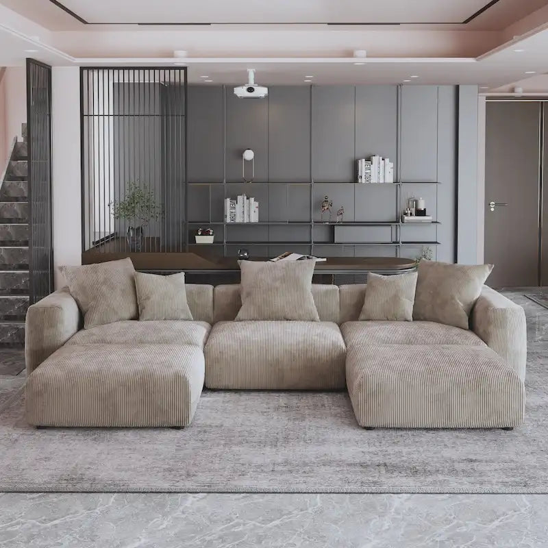 Canapé d'angle modulable 141,73 po, en velours côtelé en forme de U avec ottomans