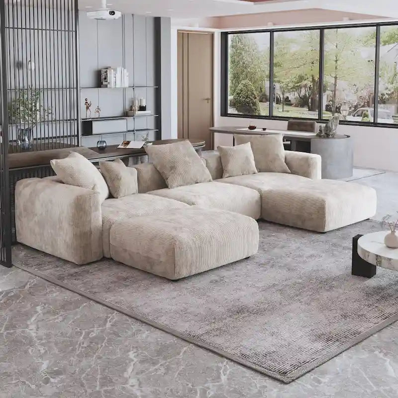 Canapé d'angle modulable 141,73 po, en velours côtelé en forme de U avec ottomans