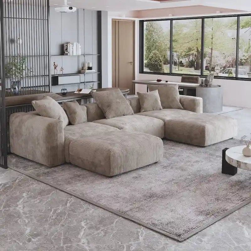 Canapé d'angle modulable 141,73 po, en velours côtelé en forme de U avec ottomans