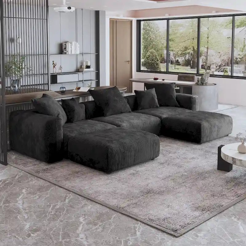 Canapé d'angle modulable 141,73 po, en velours côtelé en forme de U avec ottomans