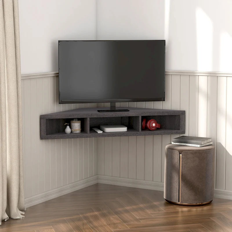 Meuble TV d'angle flottant de 47", 3 étagères, style transitionnel, support mural peu encombrant