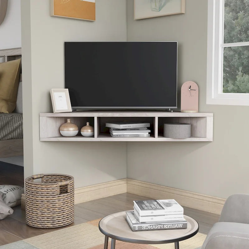 Meuble TV d'angle flottant de 47", 3 étagères, style transitionnel, support mural peu encombrant