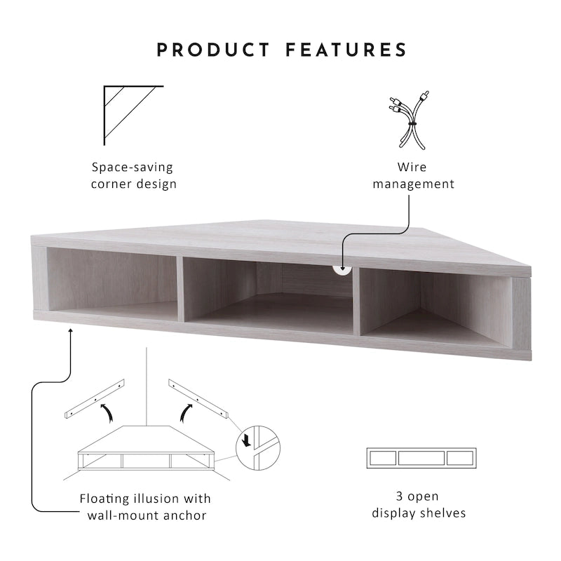 Meuble TV d'angle flottant de 47", 3 étagères, style transitionnel, support mural peu encombrant