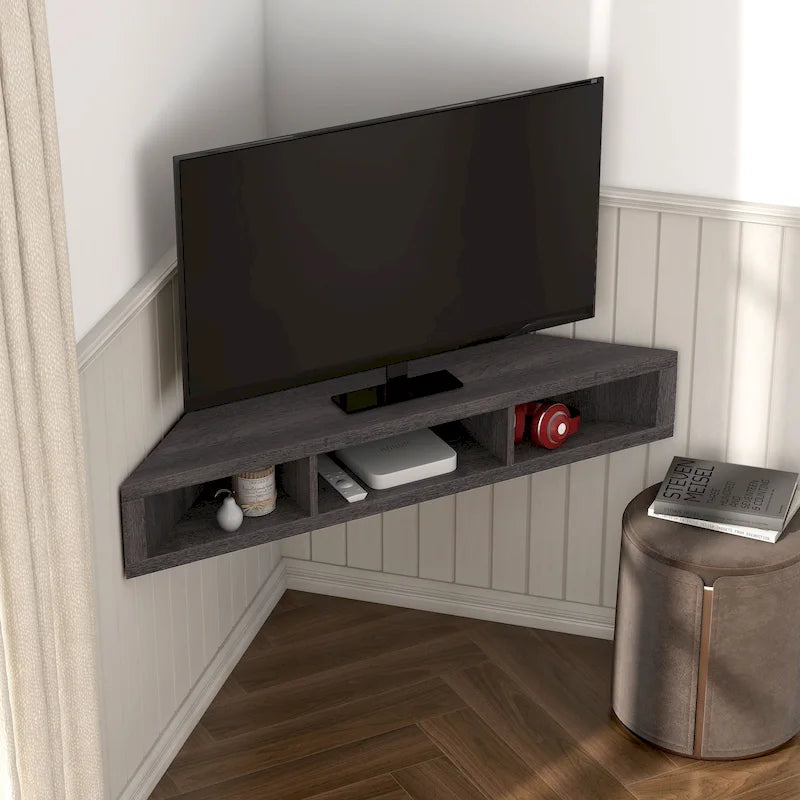 Meuble TV d'angle flottant de 47", 3 étagères, style transitionnel, support mural peu encombrant