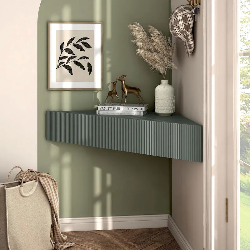 Meuble TV d'angle flottant de 47", 3 étagères, style transitionnel, support mural peu encombrant