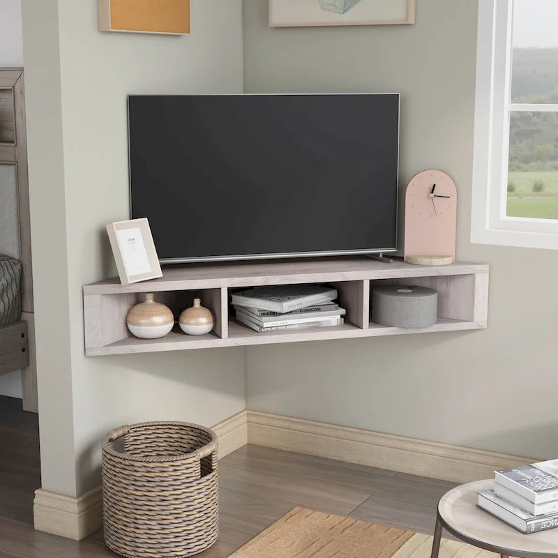 Meuble TV d'angle flottant de 47", 3 étagères, style transitionnel, support mural peu encombrant